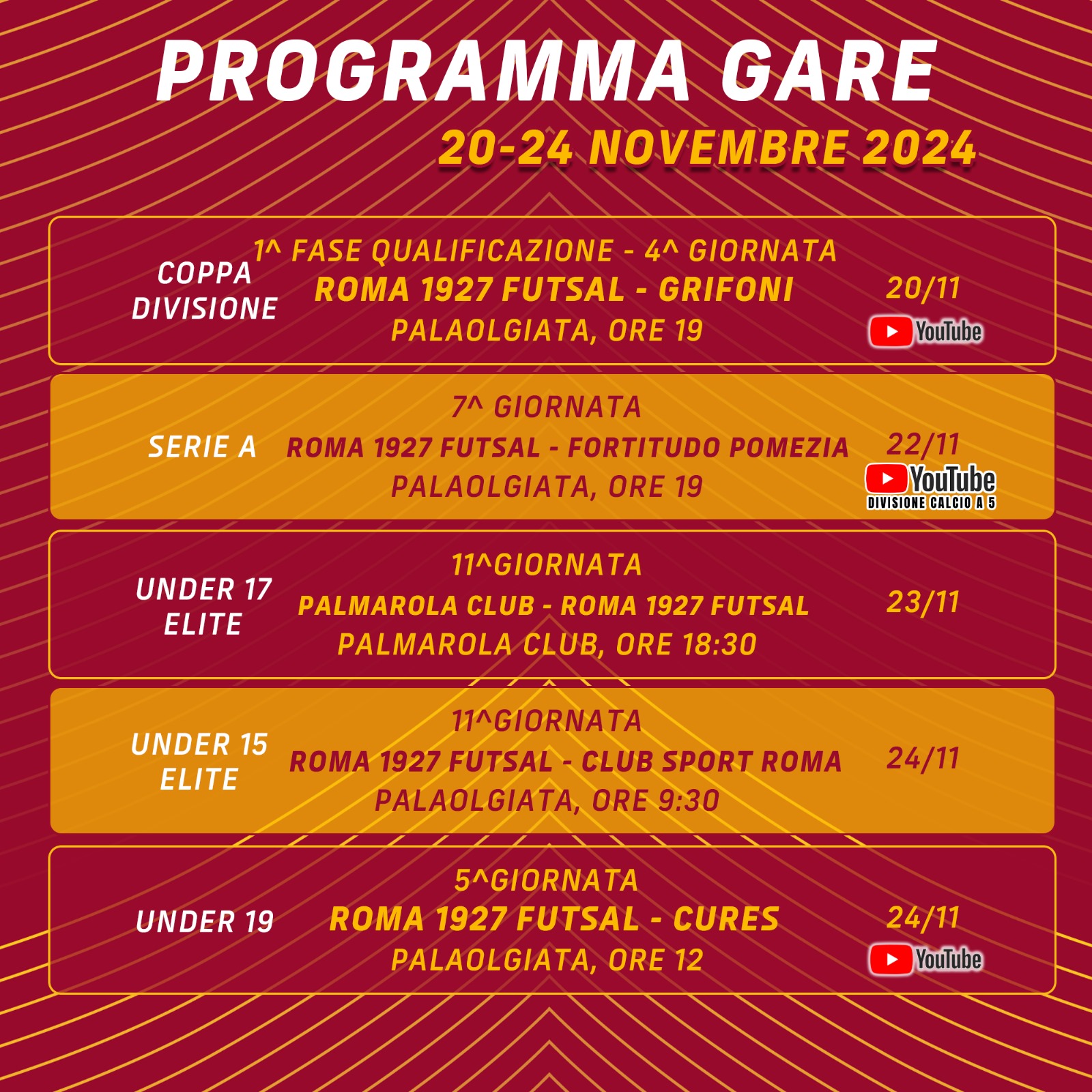 Programma gare 20/24 novembre 2024 